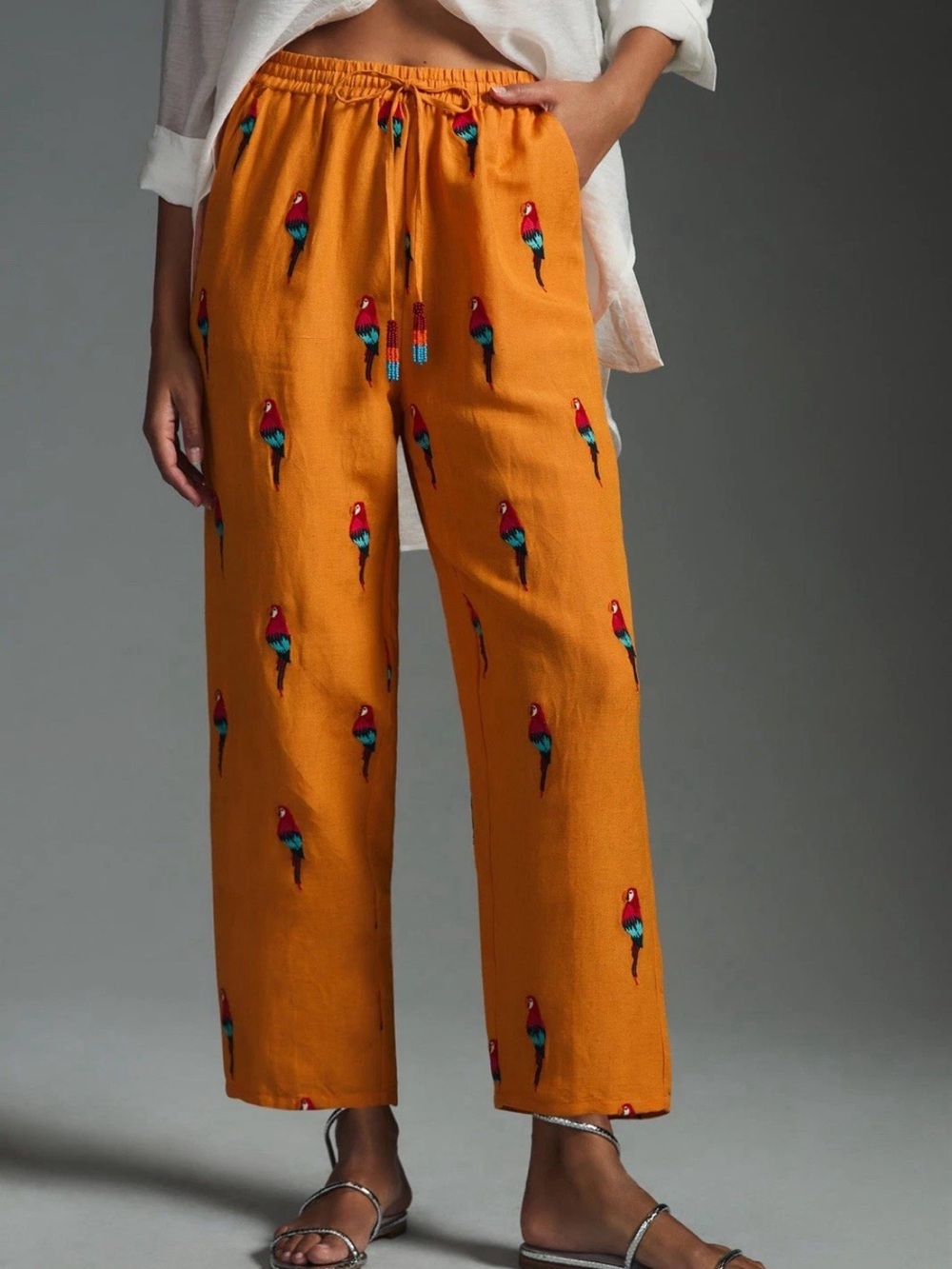 Farm Rio Linen Pants Embroidered Tropical Beach Parrot Beaded Tassel Large READ